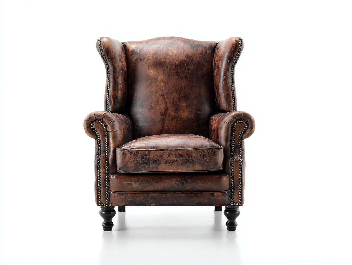 Sillón orejero de cuero envejecido estilo vintage capitoné marrón 85x90x110 cm uso interior salón dormitorio