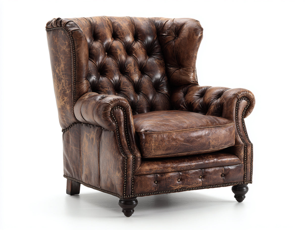 Sillón orejero de cuero envejecido capitoné estilo vintage marrón oscuro 85x90x110 cm uso interior salón dormitorio