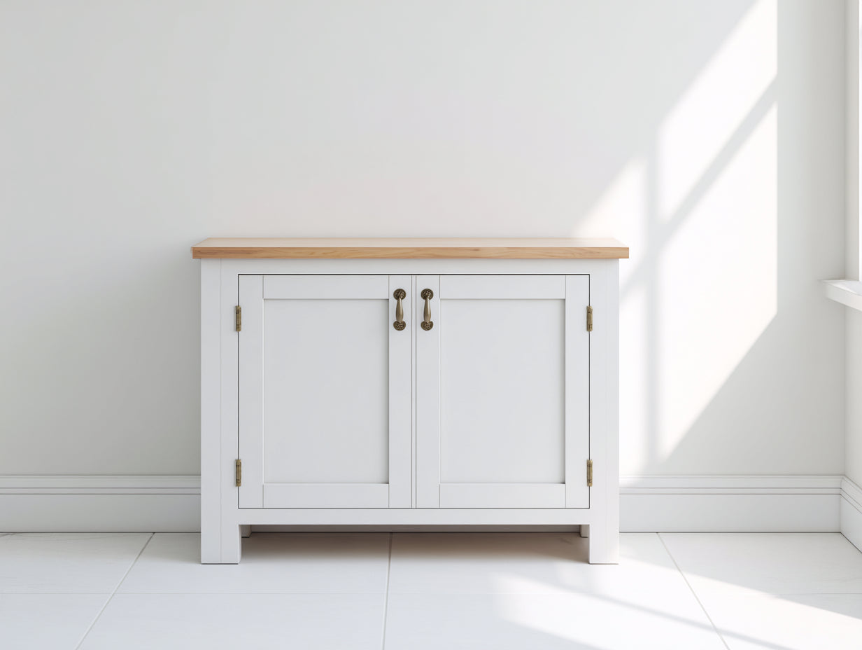 Aparador de MDF blanco con 2 puertas encimera efecto roble 100x40x80 cm estilo moderno salon comedor
