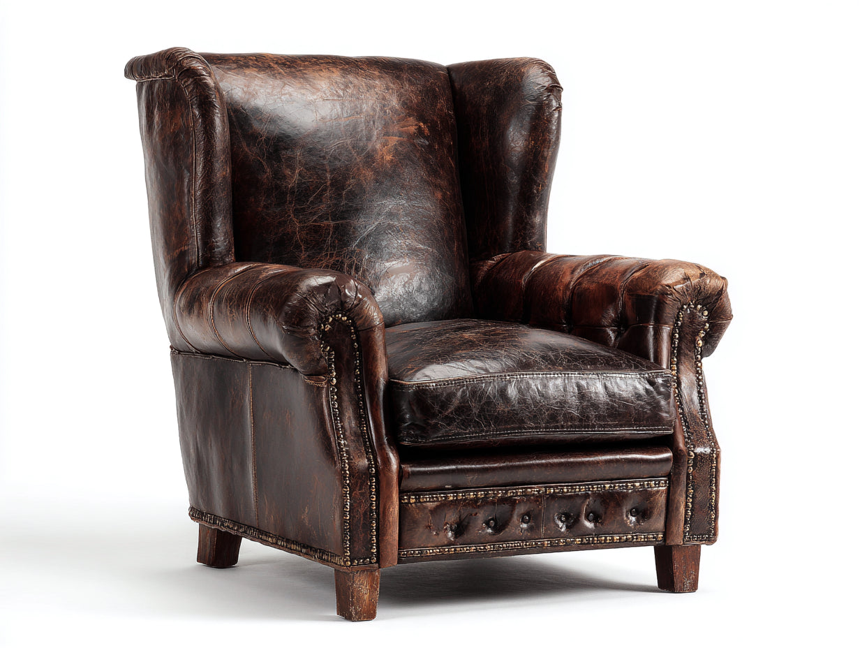 Sillón orejero de cuero envejecido marrón diseño clásico 80x85x105 cm uso interior salón dormitorio