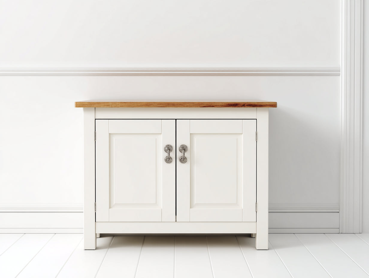 Aparador de madera MDF blanco con encimera efecto madera natural 100x40x80 cm estilo moderno para salón