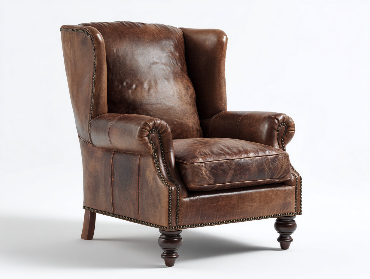 Sillón orejero de cuero sintético 91x95x110 cm - Marrón vintage - Diseño clásico con respaldo alto