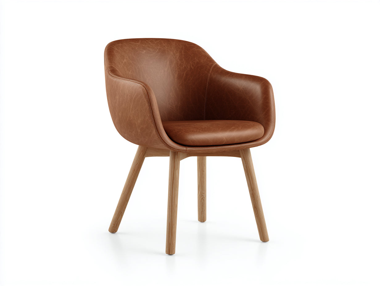 Silla de comedor tapizada en piel sintetica marron con brazos madera estilo moderno 60x58x82 cm Sillas de comedor