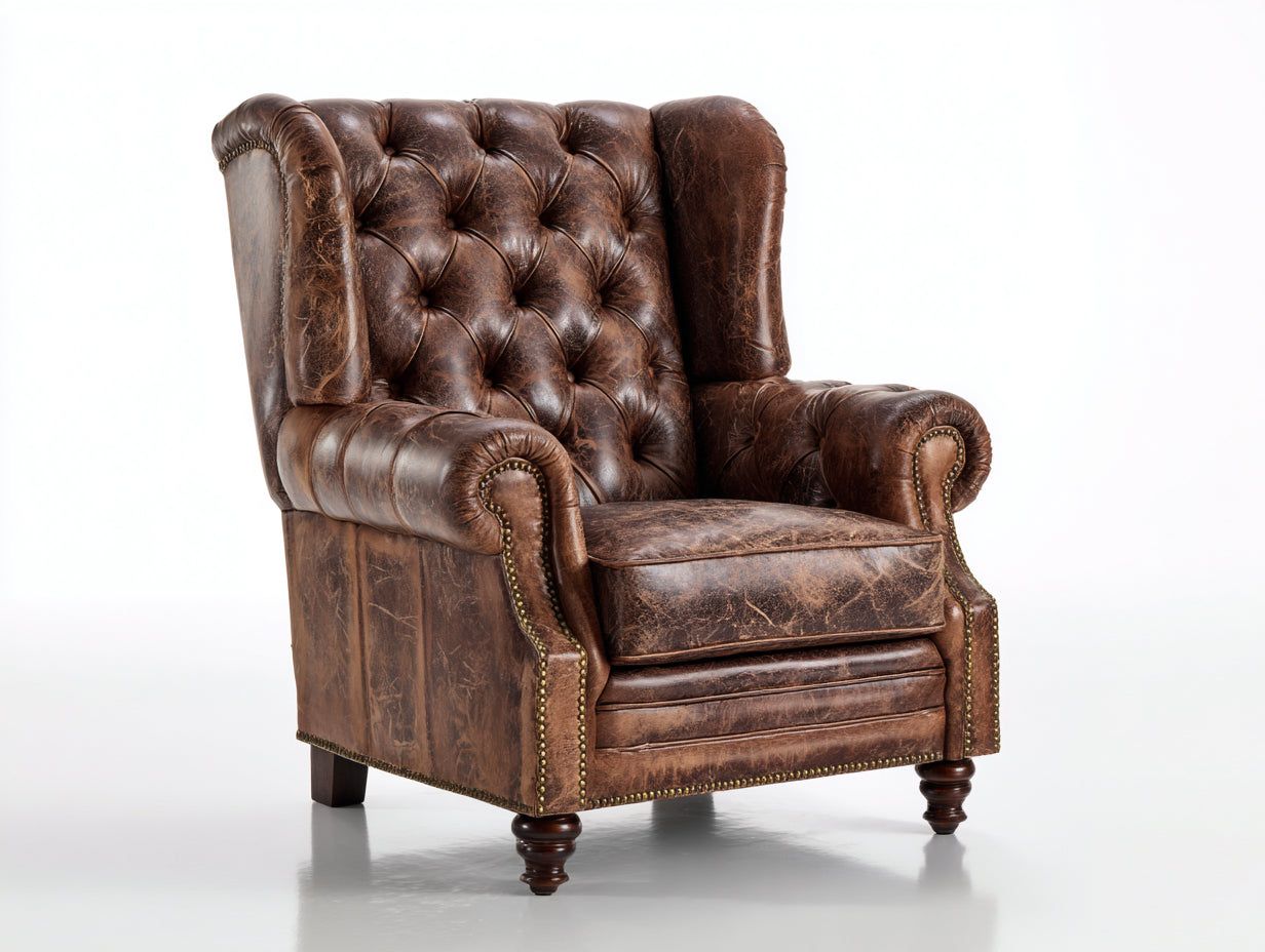 Sillón orejero de cuero envejecido estilo capitoné clásico marrón 85x90x110 cm uso interior salón dormitorio
