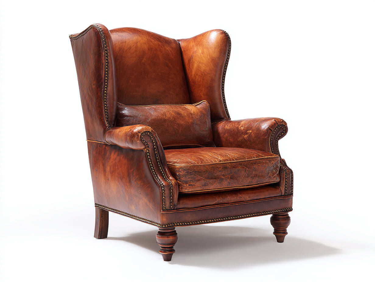 Sillón orejero de cuero envejecido estilo vintage capitoné marrón 85x92x112 cm uso interior salón dormitorio