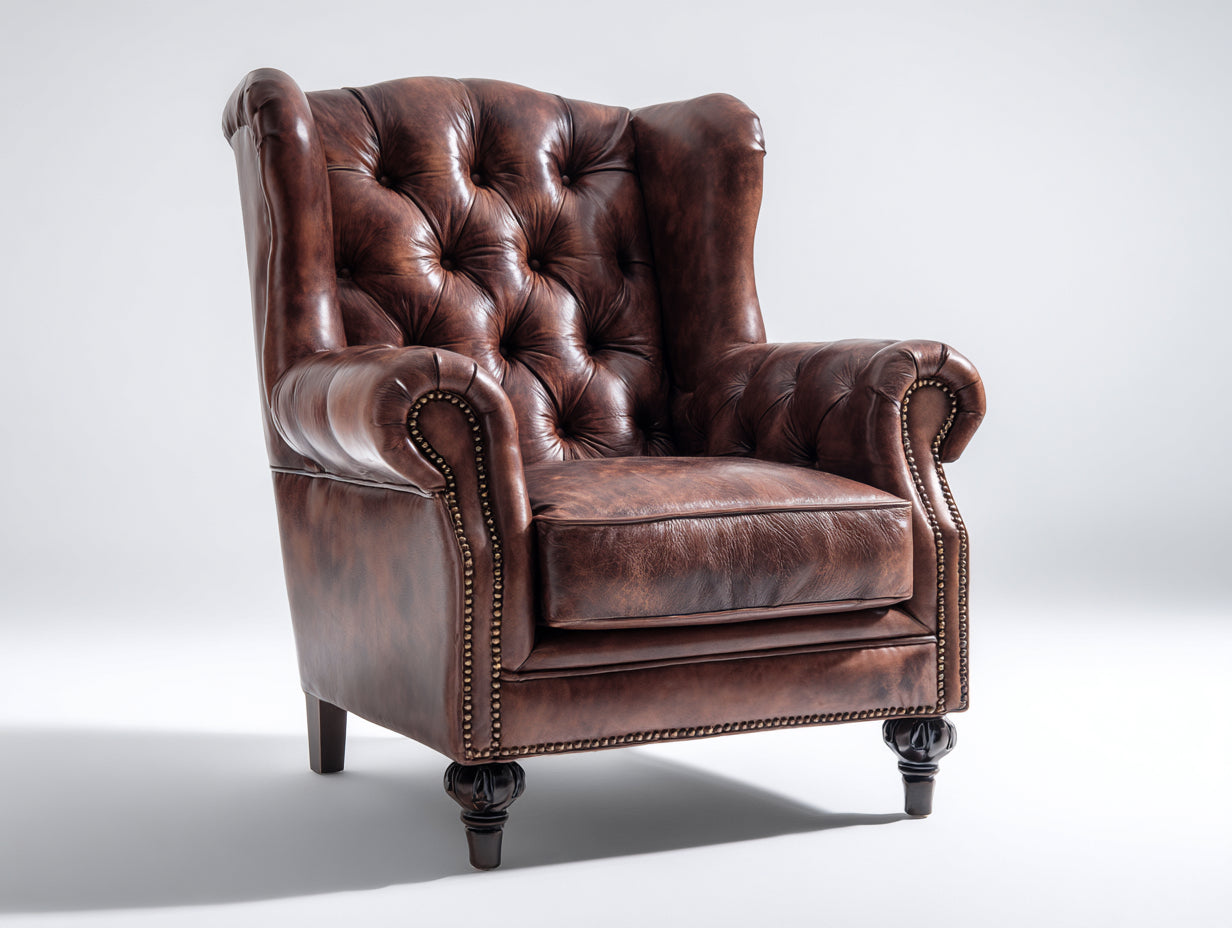 Sillón orejero de cuero sintético 92x96x110 cm - Marrón vintage - Estilo Chesterfield con capitoné clásico