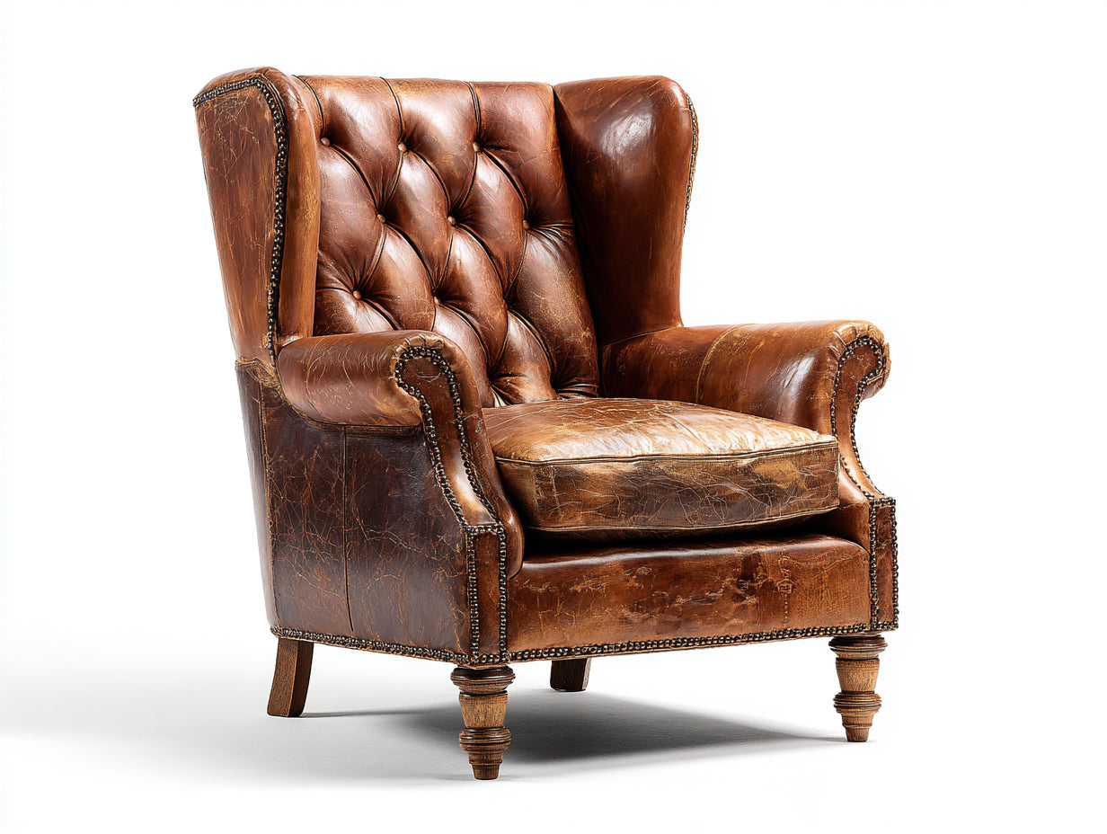 Sillón orejero de cuero envejecido estilo clásico capitoné marrón 85x90x110 cm uso interior salón dormitorio