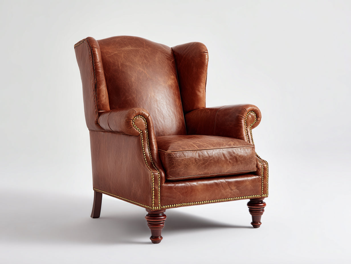 Sillón orejero de cuero sintético 89x94x110 cm - Marrón coñac - Diseño clásico con respaldo alto