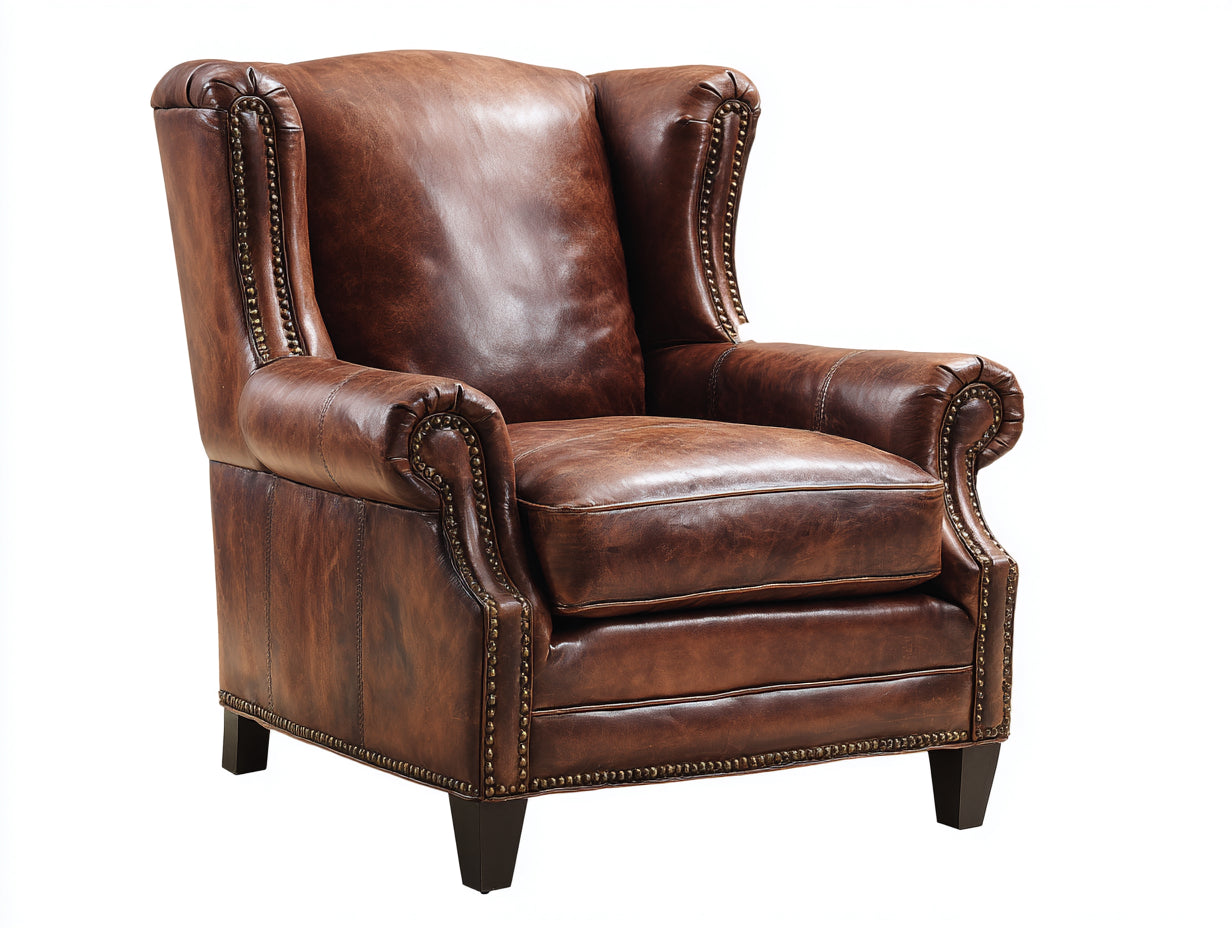 Sillón orejero de cuero sintético 88x92x108 cm - Marrón vintage - Estilo clásico con respaldo alto